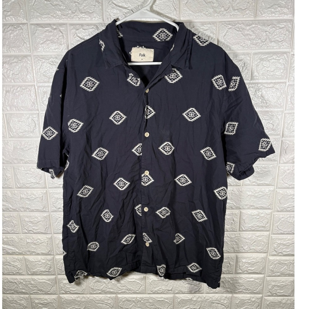 Folk Mens Shirt XL Blue Diamond Print Short Sleeve Button Front Casual‎